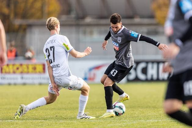 Soccer, Season 2025 2026, Test match 3 Liga, Bundesliga , Sportanlage Im Lohma Koblach, 14 Matchday, SCR Altach SSV Ulm 1846 Soccer, 14 11 2025 14 11 2025, Soccer, Season 2025 2026, Test match 3 Liga, Bundesliga , Sportanlage Im Lohma Koblach, 14 Matchday, SCR Altach SSV Ulm 1846 Soccer, f l 27 Filip Milojevic SCR Altach , 43 Leon Dajaku SSV Ulm 1846 Soccer Photo Lucca Fundel Koblach Sportanlage Im Lohma Voralberg Austria