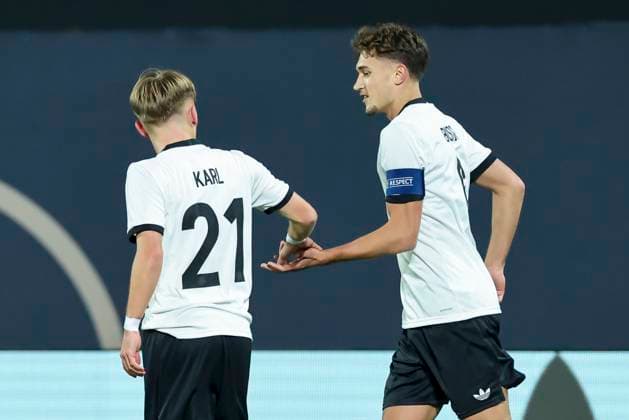 Tom Bischof Germany celebrates his 1-0 goal with Lennart Karl Germany , UEFA Under21 Championship Group F MD 6, Germany U21 v Malta U21, Sportpark Ronhof Thomas Sommer, November 14, 2025 in Furth, Germany Photo by Marco Steinbrenner DeFodi Images Tom Bischof Germany celebrates after scoring his teams first goal with Lennart Karl Germany , UEFA Under21 Championship Group F MD 6, Germany U21 v Malta U21, Sportpark Ronhof Thomas Sommer, November 14, 2025 in Furth, Germany Photo by Marco Steinbrenner DeFodi Images DFB DFL REGULATIONS PROHIBIT ANY USE OF PHOTOGRAPHS AS IMAGE SEQUENCES AND OR QUASI VIDEO