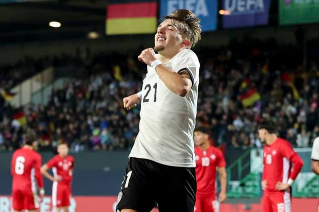 Lennart Karl Germany celebrates his goal for 2 0, UEFA Under21 Championship Group F MD 6, Germany U21 v Malta U21, Sportpark Ronhof Thomas Sommer, November 14, 2025 in Furth, Germany Photo by Marco Steinbrenner DeFodi Images Lennart Karl Germany celebrates after scoring his teams second goal, UEFA Under21 Championship Group F MD 6, Germany U21 v Malta U21, Sportpark Ronhof Thomas Sommer, November 14, 2025 in Furth, Germany Photo by Marco Steinbrenner DeFodi Images DFB DFL REGULATIONS PROHIBIT ANY USE OF PHOTOGRAPHS AS IMAGE SEQUENCES AND OR QUASI VIDEO