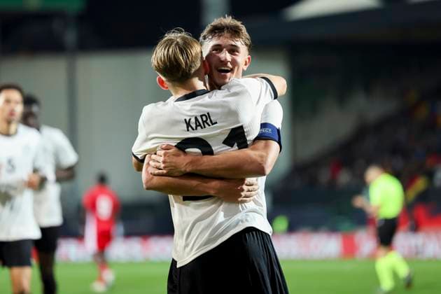 Lennart Karl Germany celebrates scoring his teams second goal with Tom Bischof Germany , UEFA Under21 Championship Group F MD 6, Germany U21 v Malta U21, Sportpark Ronhof Thomas Sommer, November 14, 2025 in Furth, Germany Photo by Marco Steinbrenner DeFodi Images Lennart Karl Germany celebrates after scoring his teams second goal with Tom Bischof Germany , UEFA Under21 Championship Group F MD 6, Germany U21 v Malta U21, Sportpark Ronhof Thomas Sommer, November 14, 2025 in Furth, Germany Photo by Marco Steinbrenner DeFodi Images DFB DFL REGULATIONS PROHIBIT ANY USE OF PHOTOGRAPHS AS IMAGE SEQUENCES AND OR QUASI VIDEO