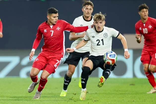Shaisen Attard Malta and Lennart Karl Germany battle for the ball, UEFA Under21 Championship Group F MD 6, Germany U21 v Malta U21, Sportpark Ronhof Thomas Sommer, November 14, 2025 in Furth, Germany Photo by Marco Steinbrenner DeFodi Images Shaisen Attard Malta and Lennart Karl Germany battle for the ball, UEFA Under21 Championship Group F MD 6, Germany U21 v Malta U21, Sportpark Ronhof Thomas Sommer, November 14, 2025 in Furth, Germany Photo by Marco Steinbrenner DeFodi Images DFB DFL REGULATIONS PROHIBIT ANY USE OF PHOTOGRAPHS AS IMAGE SEQUENCES AND OR QUASI VIDEO