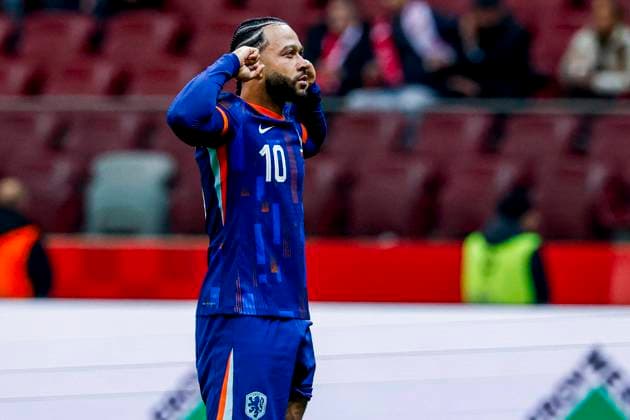 Memphis Depay of the Netherlands celebrates after scoring his teams first goal Poland v Netherlands, FIFA World Cup, WM, Weltmeisterschaft, Fussball 2026 Qualifier, Poland v Netherlands, PGE Narodowy, November 14, 2025, Warsaw, Poland.