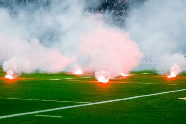 supporters of Poland throwing fireworks on the field Poland v Netherlands, FIFA World Cup, WM, Weltmeisterschaft, Fussball 2026 Qualifier, Poland v Netherlands, PGE Narodowy, November 14, 2025, Warsaw, Poland.