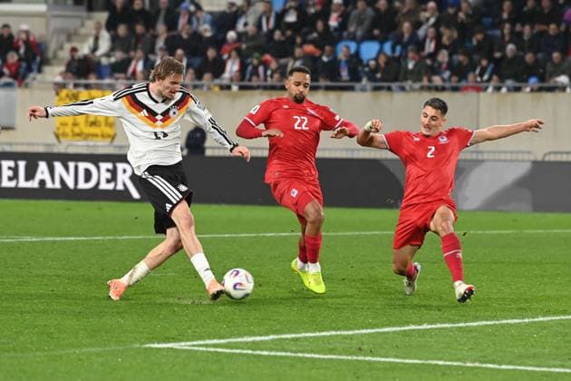 Nick WOLTEMADE GER scores the goal for 0 2, against Christopher MARTINS LUX and Seid KORAC LUX , action, duel, Luxembourg LUX Germany GER 0 2 Laenderspiel, WM Qualifikation Europa Gruppe A, Spieltag 9, matchday9, am 14 1 2025, Stade de Luxembourg, Luxembourg, Â