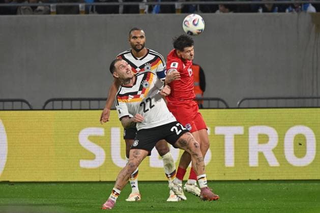 14 11 2025, xjrdrx, Football, World Cup Qualification 2026 Luxembourg Germany emspor, v l David Raum Germany , Jonathan Tah Germany , Olivier Thill Luxembourg, 15 duel, duel, fight, tackle DFL DFB REGULATIONS PROHIBIT ANY USE OF PHOTOGRAPHS as IMAGE SEQUENCES and or QUASI VIDEO Luxembourg