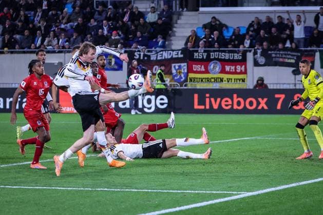 Nick Woltemade 11 Germany narrowly misses a pass into the penalty area, Leandro Barreiro 16 Luxembourg Luxembourg and Anthony Morris 1 Luxembourg Luxembourg watch, Luxembourg vs Germany, Football, Men, World Cup Qualification, International, Group stage, Group A, Stade de Luxembourg, UEFA,14 11 2025 Luxembourg City Luxembourg Copyright: xkolbert-press MartinxAgüerax