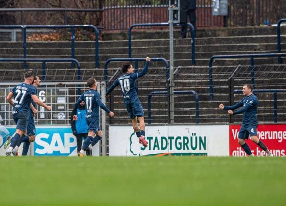 Football, Men, Season 2025 2026, Brandenburg State Cup quarter-final , SV Babelsberg 03 FC Energie Cottbus, f l Gordon Büch Babelsberg , Tino Schmidt Babelsberg , Maurice Covic Babelsberg , Nils Schätzle Babelsberg , Cheering after scoring the 1 1 goal, 15 11 2025, Copyright: xSebastianxRäppold MatthiasxKochx