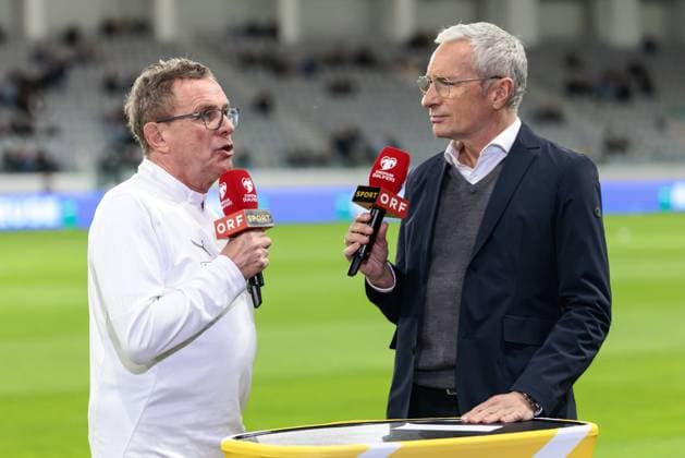 SOCCER - FIFA WC quali, CYP vs AUT LIMASSOL,CYPRUS,15.NOV.25 - SOCCER - FIFA World Cup, WM, Weltmeisterschaft, Fussball 2026, European Qualifiers, group stage, OEFB international match, Länderspiel, Nationalmannschaft Cyprus vs Austria. Image shows head coach Ralf Rangnick (AUT) and Rainer Pariasek (ORF). GEPAxpictures xArminxRauthner