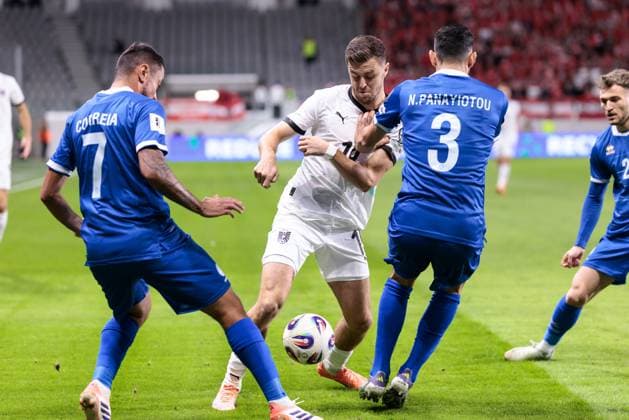 SOCCER - FIFA WC quali, CYP vs AUT LIMASSOL,CYPRUS,15.NOV.25 - SOCCER - FIFA World Cup, WM, Weltmeisterschaft, Fussball 2026, European Qualifiers, group stage, OEFB international match, Länderspiel, Nationalmannschaft Cyprus vs Austria. Image shows Anderson Correia (CYP), Christoph Baumgartner (AUT) and Nikolaos Panagiotou (CYP). GEPAxpictures xArminxRauthner