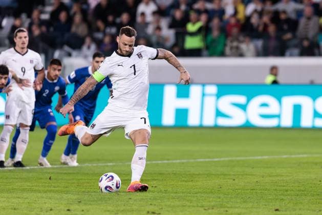 SOCCER - FIFA WC quali, CYP vs AUT LIMASSOL,CYPRUS,15.NOV.25 - SOCCER - FIFA World Cup, WM, Weltmeisterschaft, Fussball 2026, European Qualifiers, group stage, OEFB international match, Länderspiel, Nationalmannschaft Cyprus vs Austria. Image shows Marko Arnautovic (AUT). Keywords: penalty, goal. GEPAxpictures xArminxRauthner