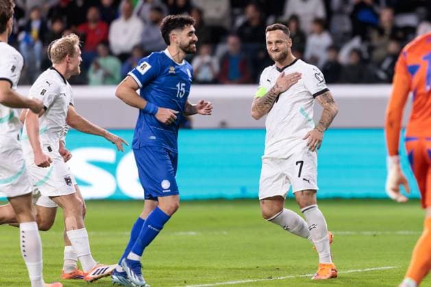 SOCCER - FIFA WC quali, CYP vs AUT LIMASSOL,CYPRUS,15.NOV.25 - SOCCER - FIFA World Cup, WM, Weltmeisterschaft, Fussball 2026, European Qualifiers, group stage, OEFB international match, Länderspiel, Nationalmannschaft Cyprus vs Austria. Image shows the rejoicing of Xaver Schlager and Marko Arnautovic (AUT). GEPAxpictures xArminxRauthner