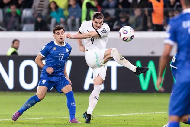 SOCCER - FIFA WC quali, CYP vs AUT LIMASSOL,CYPRUS,15.NOV.25 - SOCCER - FIFA World Cup, WM, Weltmeisterschaft, Fussball 2026, European Qualifiers, group stage, OEFB international match, Länderspiel, Nationalmannschaft Cyprus vs Austria. Image shows Loizos Loizou (CYP) and Marcel Sabitzer (AUT). GEPAxpictures xArminxRauthner