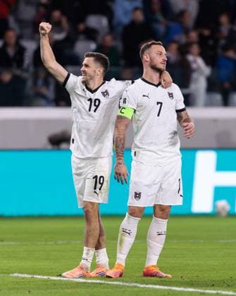 SOCCER - FIFA WC quali, CYP vs AUT LIMASSOL,CYPRUS,15.NOV.25 - SOCCER - FIFA World Cup, WM, Weltmeisterschaft, Fussball 2026, European Qualifiers, group stage, OEFB international match, Länderspiel, Nationalmannschaft Cyprus vs Austria. Image shows the rejoicing of Marko Arnautovic and Christoph Baumgartner (AUT)the rejoicing of Christoph Baumgartner and Marko Arnautovic (AUT). GEPAxpictures xArminxRauthner
