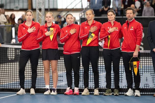 Billie Jean King Cup 2025 Play Offs, TC Ismaning, Munich, Germany, Team Belgium Belgium, R L Team Captain Wim Fissette, Greet Minnen, Hanne Vandewinkel, Sofia Costoulas, Jeline Vandromme, Magali Kempen Copyright: xJuergenxHasenkopfx