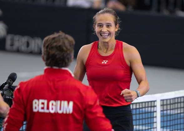 Billie Jean King Cup 2025 Play Offs, TC Ismaning, Munich, Germany, Team Belgium, Belgium, Hanne Vandewinkel BEL cheers after the victory, jubilation, joy, emotion Tennis Billie Jean King Cup 2025 ITF Billie Jean King Cup TC Ismaning Ismaning Bavaria Germany November 16, 2025 Copyright: xJuergenxHasenkopfx