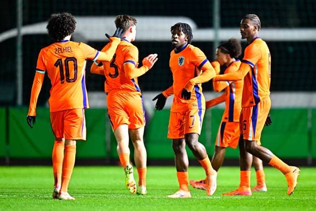 BUDAORS , 18-11-2025 , BSC Stadium , season 2025 2026 , UEFA European U21, U 21 Football 2025 , Qualifying round , match day 7 , match between Israel U21 and Netherlands U21 , picture shows Netherlands U21 player Gjivai Zechiel, Netherlands U21 player Wouter Goes, Netherlands U21 player Jayden Addai celebrating the 0-1 Israel vs Netherlands (U21) x32084423x Copyright: