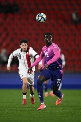 European Under-21 Championship 2027 qualifying round, Georgia 0-2 Germany, Giorgi Tabatadze ( 21 of Georgia Under-21), ,Joshua Quarshie ( 15 of Germany Under-21) , November 18, 2025, Mikheil Meskhi stadium, Tbilisi, Georgia Copyright: xx European Under-21 Championship 2027 qualifying round, Georgia 0-2 Germany-09