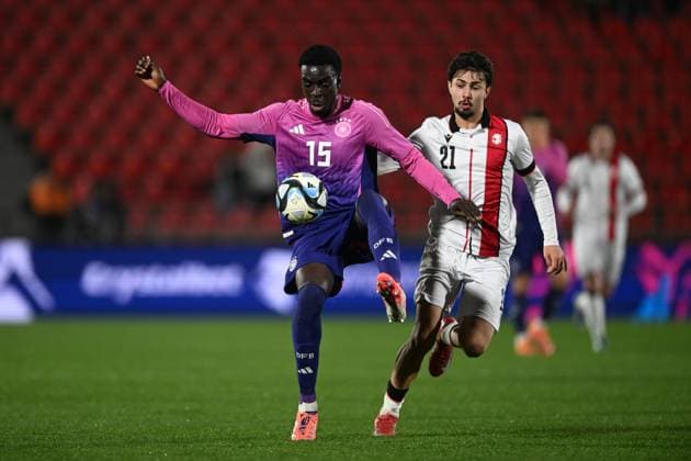 European Under-21 Championship 2027 qualifying round, Georgia 0-2 Germany, Giorgi Tabatadze ( 21 of Georgia Under-21), ,Joshua Quarshie ( 15 of Germany Under-21) , November 18, 2025, Mikheil Meskhi stadium, Tbilisi, Georgia Copyright: xx European Under-21 Championship 2027 qualifying round, Georgia 0-2 Germany-10