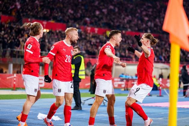 SOCCER - FIFA WC quali, AUT vs BIH VIENNA,AUSTRIA,18.NOV.25 - FIFA World Cup, WM, Weltmeisterschaft, Fussball 2026, European Qualifiers, group stage, OEFB international match, Länderspiel, Nationalmannschaft Austria vs Bosnia and Herzegovina. Image shows the rejoicing of AUT. GEPAxpictures xEdgarxEisner
