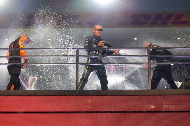 Champagne shower between Winner, Winner, Max Verstappen Oracle Red Bull Racing 1 , 2nd place Lando Norris McLaren Formula 1 Team , 3rd place George Russell Mercedes AMG Petronas 63 , Las Vegas Grand Prix, Motorsport, Men, Formula 1, Race, 22 11 2025 Las Vegas Nevada USA Copyright: xkolbert-press ChristianxKolbertx