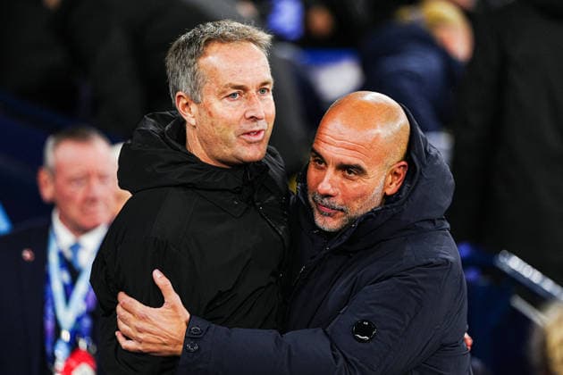 Kasper Hjulmand Bayer 04 Leverkusen, Coach , Josep Pep Guardiola Manchester City, Coach ENG, Manchester City vs Bayer 04 Leverkusen, Football, UEFA Champions League, Matchday 5, Season 2025 2026, 25 11 2025 ENG, Manchester City vs Bayer 04 Leverkusen, Football, UEFA Champions League, Matchday 5, Season 2025 2026, 25 11 2025 Manchester Copyright: xEibner-Pressefoto MarcelxvonxFehrnx EP_MFN