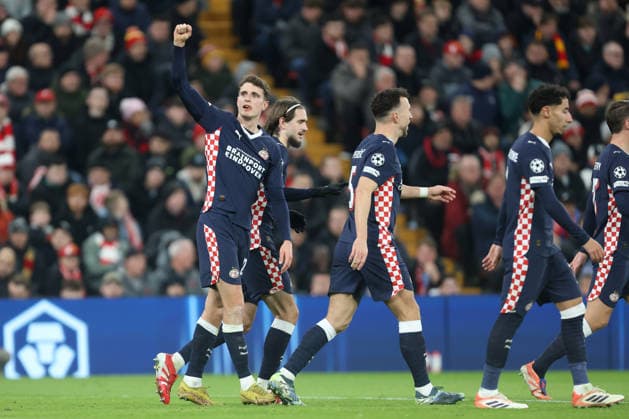 Guus Til of PSV celebrates scoring their sides second goal Liverpool v PSV Eindhoven, UEFA Champions League, Group Stage, Football, Anfield, Liverpool, UK- 26 Nov 2025Liverpool Anfield United Kingdom EDITORIAL USE ONLY No use with unauthorised audio, video, data, fixture lists, club league logos or live services. Online in-match use limited to 120 images, no video emulation. No use in betting, games or single club league player publications. Copyright: xPhilxOldham Shutterstockx 15927967at