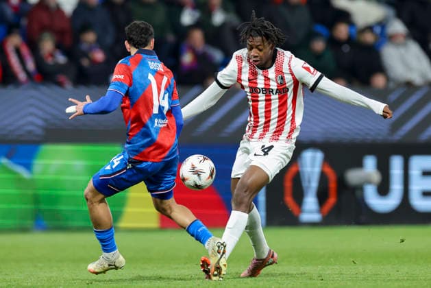 Merchas Doski Viktoria Plzen and Johan Manzambi SC Freiburg battle for the ball, UEFA Europa League 2025 26 League Phase MD5, FC Viktoria Plzen v SC Freiburg, Stadion mesta Plzne on November 27, 2025 in Pilsen, Czech Republic Photo by Marco Steinbrenner DeFodi Images Merchas Doski Viktoria Plzen and Johan Manzambi SC Freiburg battle for the ball, UEFA Europa League 2025 26 League Phase MD5, FC Viktoria Plzen v SC Freiburg, Stadion mesta Plzne, November 27, 2025 in Plzen, Czech Republic Photo by Marco Steinbrenner DeFodi Images