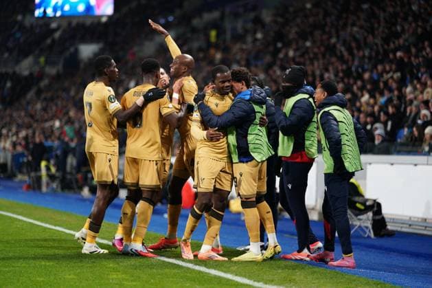 Tyrick Mitchell of Crystal Palace is congratulated after he puts his side 1-0 ahead Strasbourg v Crystal Palace, UEFA Conference League, Group Stage, Football, Stade de la Meinau Strasbourg, Strasbourg, France - 27 Nov 2025Strasbourg Stade de la Meinau Strasbourg France EDITORIAL USE ONLY No use with unauthorised audio, video, data, fixture lists, club league logos or live services. Online in-match use limited to 120 images, no video emulation. No use in betting, games or single club league player publications. Copyright: xDavexWinter Shutterstockx 15928086bl