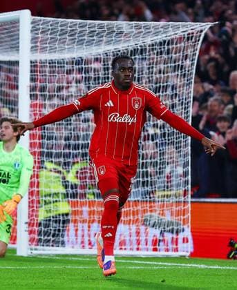Arnaud Kalimuendo of Nottingham Forest celebrates scoring a goal to make it 2-0 Nottingham Forest v Malmo, UEFA Europa League, Group Stage, Football, City Ground, Nottingham, UK- 27 Nov 2025Nottingham City Ground United Kingdom EDITORIAL USE ONLY No use with unauthorised audio, video, data, fixture lists, club league logos or live services. Online in-match use limited to 120 images, no video emulation. No use in betting, games or single club league player publications. Copyright: xMattxWest Shutterstockx 15928078s