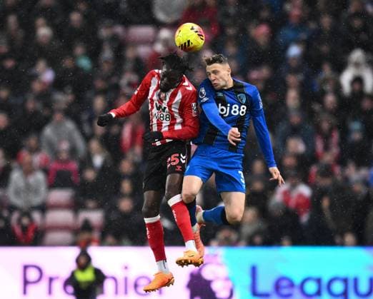 Bertrand Traore of Sunderland (left) and Adrien Truffert of Bournemouth Sunderland v AFC Bournemouth, Premier League, Football, Stadium of Light, Sunderland, UK - 29 Nov 2025Sunderland Stadium of Light United Kingdom EDITORIAL USE ONLY No use with unauthorised audio, video, data, fixture lists, club league logos or live services. Online in-match use limited to 120 images, no video emulation. No use in betting, games or single club league player publications. Copyright: xRichardxLee Shutterstockx 15941576v