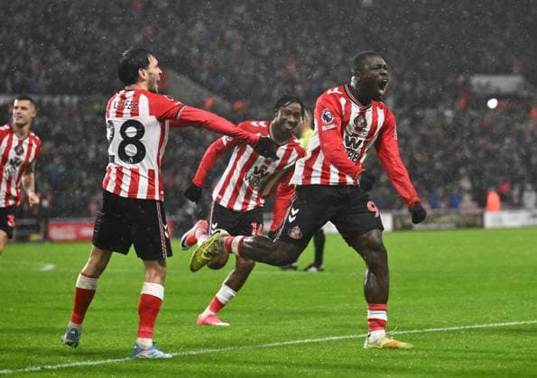 Brian Brobbey of Sunderland celebrates scoring their third goal Sunderland v AFC Bournemouth, Premier League, Football, Stadium of Light, Sunderland, UK - 29 Nov 2025Sunderland Stadium of Light United Kingdom EDITORIAL USE ONLY No use with unauthorised audio, video, data, fixture lists, club league logos or live services. Online in-match use limited to 120 images, no video emulation. No use in betting, games or single club league player publications. Copyright: xRichardxLee Shutterstockx 15941576z