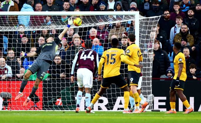 Yerson Mosquera of Wolverhampton Wanderers appears to hit the crossbar with a header. Aston Villa v Wolverhampton Wanderers, Premier League, Football, Villa Park, Birmingham, UK - 30 Nov 2025Birmingham Villa Park United Kingdom EDITORIAL USE ONLY No use with unauthorised audio, video, data, fixture lists, club league logos or live services. Online in-match use limited to 120 images, no video emulation. No use in betting, games or single club league player publications. Copyright: xJamesxMarsh Shutterstockx 15941716at