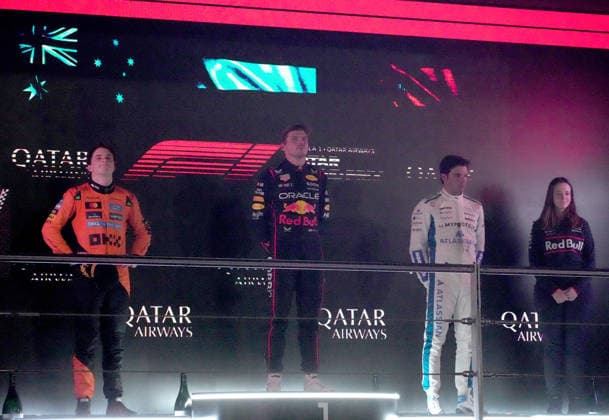 Formula 1 Qatar Airways Qatar Grand Prix 2025 30 11 2025, Losail International Circuit, Doha, Formula 1 Qatar Airways Qatar Grand Prix 2025 ,in the picture winner Max Verstappen NLD , Oracle Red Bull Racing, 2nd place for Oscar Piastri AUS , McLaren F1 Team, 3rd place for Carlos Sainz Jr ESP , Atlassian Williams Racing, chief strategy engineer Hannah Schmitz Red Bull Racing nordphotoxGmbHx xBratic nph00250