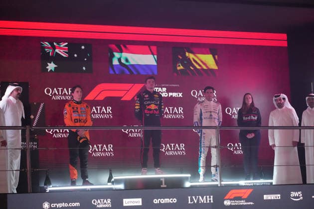Formula 1 Qatar Airways Qatar Grand Prix 2025 30 11 2025, Losail International Circuit, Doha, Formula 1 Qatar Airways Qatar Grand Prix 2025 ,in the picture winner Max Verstappen NLD , Oracle Red Bull Racing, 2nd place for Oscar Piastri AUS , McLaren F1 Team, 3rd place for Carlos Sainz Jr ESP , Atlassian Williams Racing, chief strategy engineer Hannah Schmitz Red Bull Racing nordphotoxGmbHx xBratic nph00250