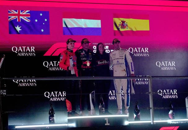 Formula 1 Qatar Airways Qatar Grand Prix 2025 30 11 2025, Losail International Circuit, Doha, Formula 1 Qatar Airways Qatar Grand Prix 2025 ,in the picture winner Max Verstappen NLD , Oracle Red Bull Racing, 2nd place for Oscar Piastri AUS , McLaren F1 Team, 3rd place for Carlos Sainz Jr ESP , Atlassian Williams Racing, chief strategy engineer Hannah Schmitz Red Bull Racing nordphotoxGmbHx xBratic nph00250