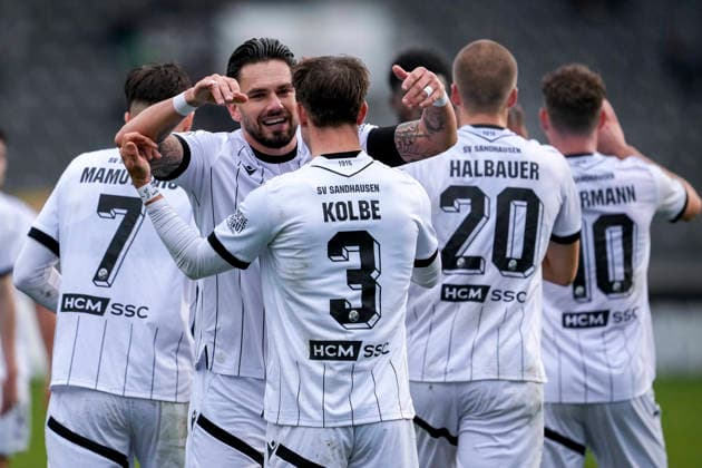 from left David Mamutovic SVS, 7 , Pascal Testroet SVS, 37 , goal scorer Louis Kolbe SVS, 3 , Phil Halbauer SVS, 20 , Jahn Herrmann SVS, 10 , players of SV Sandhausen SVS , celebrate the goal to 2 1, jubilation, goal celebration, celebrate the goal, goal, celebration, cheers about the goal, rejoicing, joy, rejoices, optimistic, positive, game scene, highlight, action, 30 11 2025, Sandhausen Germany , football, Regionalliga Südwest, SV Sandhausen SV Stuttgarter Kickers xozx