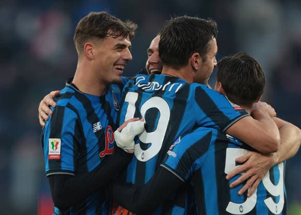 Bergamo, Italy, 3rd December 2025. Marten De Roon of Atalanta celebrates with team mates Nicola Zalewski, Sead Kolasinac and Daniel Maldini after scoring to give the side a 2-0 lead during the Atalanta vs Genoa Coppa Italia match at New Balance Arena, Bergamo. Picture credit should read: Jonathan Moscrop Sportimage EDITORIAL USE ONLY. No use with unauthorised audio, video, data, fixture lists, club league logos or live services. Online in-match use limited to 120 images, no video emulation. No use in betting, games or single club league player publications. SPI_076_JM_ATALANTA_GENOA_CI SPI-4320-0076