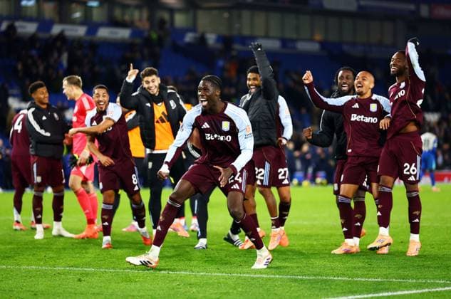 Amadou Onana of Aston Villa celebrates with team mates and fans. Brighton and Hove Albion v Aston Villa, Premier League, Football, American Express Community Stadium, Brighton, UK - 03 Dec 2025Brighton American Express Community Stadi United Kingdom EDITORIAL USE ONLY No use with unauthorised audio, video, data, fixture lists, club league logos or live services. Online in-match use limited to 120 images, no video emulation. No use in betting, games or single club league player publications. Copyright: xJamesxMarsh Shutterstockx 16006088cf