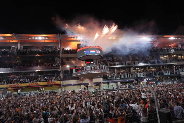 Formula 1 Etihad Airways Abu Dhabi Grand Prix 2025 07 12 2025, Yas Marina Circuit, Abu Dhabi, Formula 1 Etihad Airways Abu Dhabi Grand Prix 2025 , in the picture podium , winner Max Verstappen NLD , Oracle Red Bull Racing, 2nd place for Oscar Piastri AUS , McLaren F1 Team, 3rd place and thus the new Formula 1 World Champion 2025, Lando Norris GBR nordphotoxGmbHx xBratic nph00250