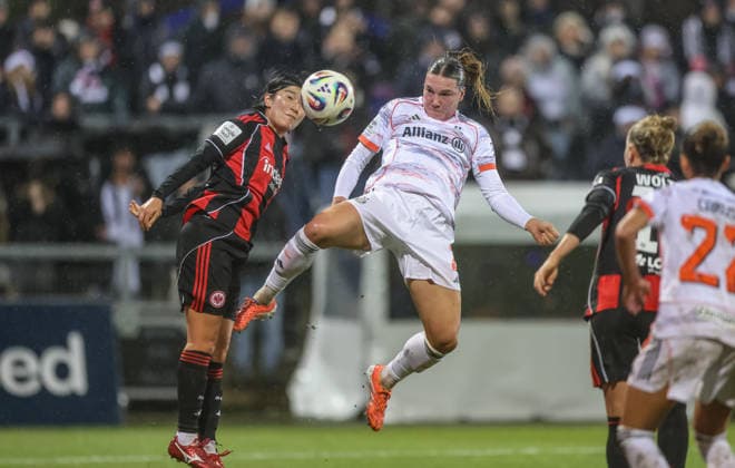 GER, Frankfurt, Eintracht Frankfurt vs FC Bayern Munich, Google Pixel Bundesliga, Football, DFB, Season 2025 2026, Stadion am Brentanobad, 12 Matchday in picture f l Remina Chiba Eintracht Frankfurt 15 , Vanessa Gilles Bayern Munich 2 , duel, header duel DFB DFL REGULATIONS PROHIBIT ANY USE OF PHOTOGRAPHS AS IMAGE SEQUENCES AND OR QUASI VIDEO, 07 12 2026 Copyright: HMBxMedia HendrikxHamelau