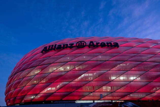 Exterior cover with the logo and lettering Allianz Arena, unlit for a Champions League match GER, FC Bayern Muenchen vs Sporting Lisbon SCP, Football, Champions League, League Phase 6 Matchday, Season 2025 2026, 09 12 2025 DFL DFB REGULATIONS PROHIBIT ANY USE OF PHOTOGRAPHS as IMAGE SEQUENCES and or QUASI VIDEO GER, FC Bayern Muenchen vs Sporting Lissabon SCP, Football, Champions League, League Phase 6 Matchday, Season 2025 2026, 09 12 2025 Muenchen Copyright: xEibner-Pressefoto HeikexFeinerx EP_HFR
