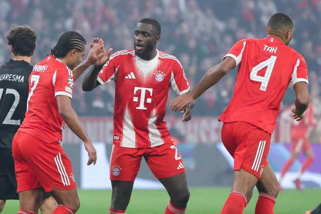Serge Gnabry FC Bayern Muenchen celebrates after scoring his teams first goal with Dayot Upamecano FC Bayern Muenchen and Jonathan Tah FC Bayern Muenchen , UEFA Champions League 2025 26 League Phase MD6, FC Bayern München v Sporting Clube de Portugal, Football Arena Munich on December 09, 2025 in Munich, Germany Photo by Marco Steinbrenner DeFodi Images Serge Gnabry FC Bayern Muenchen celebrates after scoring his teams first goal with Dayot Upamecano FC Bayern Muenchen and Jonathan Tah FC Bayern Muenchen , UEFA Champions League 2025 26 League Phase MD6, FC Bayern München v Sporting Clube de Portugal, Football Arena Munich, December 9, 2025 in Munich, Germany Photo by Marco Steinbrenner DeFodi Images