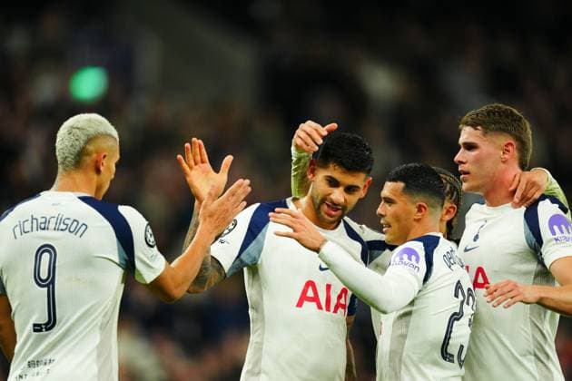 Cristian Romero of Tottenham Hotspur celebrates the opening goal after his header led to the own goal by David Zima of Slavia Prague Tottenham Hotspur v Slavia Prague, UEFA Champions League, Group Stage, Football, Tottenham Hotspur Stadium, London, UK- 09 Dec 2025London Tottenham Hotspur Stadium United Kingdom EDITORIAL USE ONLY No use with unauthorised audio, video, data, fixture lists, club league logos or live services. Online in-match use limited to 120 images, no video emulation. No use in betting, games or single club league player publications. Copyright: xJavierxGarcia Shutterstockx 16009873t