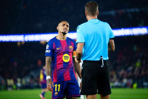 Spain-Football-Champions League FC Barcelona, Barca v Eintracht Frankfurt in Barcelona, Spain. Barcelona, Spain, 10, December, 2025. FC Barcelona player (11) Raphinha reacts during Champions League match between FC Barcelona and Eintracht Frankfurt in Spotify Camp Nou Stadium, Barcelona, Spain, on December 10, 2025. Barcelona Spotify Camp Nou Stadium Barcelona Spain