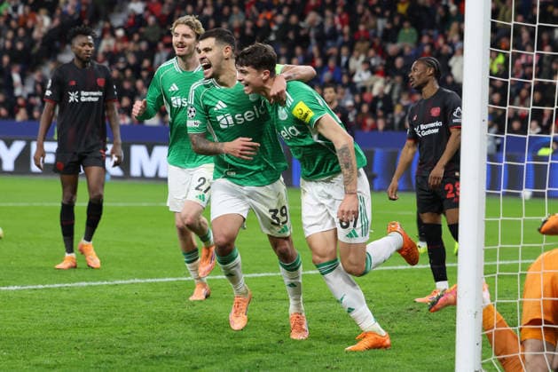 GER, UEFA CL, matchday 6, league phase, Bayer 04 Leverkusen GER vs Newcastle United ENG , 10 12 2025, BayArena, Leverkusen, GER, UEFA CL, matchday 6, league phase, Bayer 04 Leverkusen GER vs Newcastle United ENG , , pictured 1 2 by Lewis Miley Newcastle United 67 , header goal jubilation jubilation jubilation, Bruno Guimaraes Newcastle United 39 , Lewis Miley Newcastle United 67 , Nick Woltemade Newcastle United 27 , nordphotoxGmbHx xMeuter nph00351
