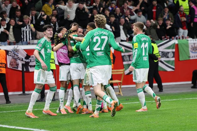 GER, UEFA CL, matchday 6, league phase, Bayer 04 Leverkusen GER vs Newcastle United ENG , 10 12 2025, BayArena, Leverkusen, GER, UEFA CL, matchday 6, league phase, Bayer 04 Leverkusen GER vs Newcastle United ENG , , in the picture 1 2 by Lewis Miley Newcastle United 67 , header goal jubilation jubilation jubilation, Bruno Guimaraes Newcastle United 39 , Lewis Miley Newcastle United 67 , Nick Woltemade Newcastle United 27 , Harvey Barnes Newcastle United 11 , nordphotoxGmbHx xMeuter nph00351