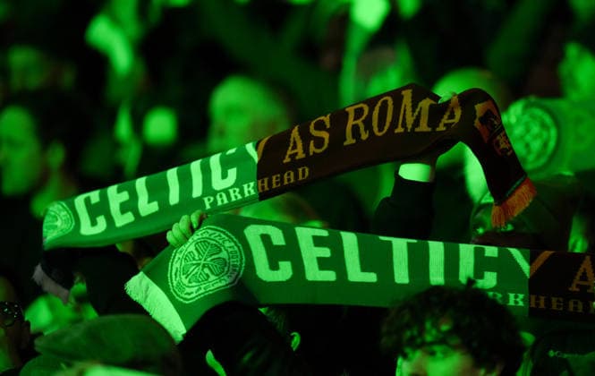 Celtic fans half & half Celtic AS Roma scarves. Celtic v Roma, UEFA Europa League, Group Stage, Football, Celtic Park, Glasgow, Scotland, UK - 11 Dec 2025Glasgow Celtic Park United Kingdom EDITORIAL USE ONLY No use with unauthorised audio, video, data, fixture lists, club league logos or live services. Online in-match use limited to 120 images, no video emulation. No use in betting, games or single club league player publications. Copyright: xStuartxWallace Shutterstockx 16080577cq