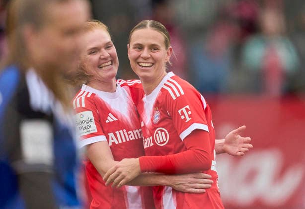 Klara Bühl of Bayern München celebrates her 3-0 goal, happy, laugh, celebration, with Stine Ballisager of Bayern München in the women football match FC BAYERN MÜNCHEN - HAMBURGER SV on December 14, 2025 in Munich, Germany. Season 2025 2026, 1.Bundesliga, FCB, Muenchen, Google Pixel, Frauen Bundesliga matchday 13, 13.Spieltag