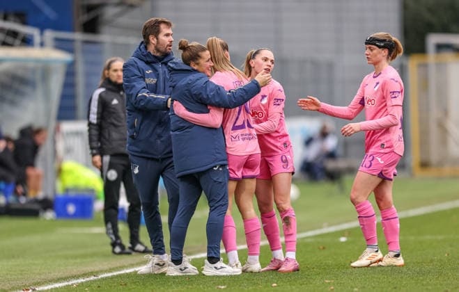 GER, Hoffenheim, TSG Hoffenheim vs Carl Zeiss Jena, Google Pixel Womens Bundesliga, Football, DFB, Season 2025 2026, Dietmar Hopp Stadium, 14 Matchday in picture Selina Cerci TSG 1899 Hoffenheim Women 29 scores the 4 0, Goal, jubilation and joy, emotions with Thomas Johrden Coach TSG Hoffenheim Women DFB DFL REGULATIONS PROHIBIT ANY USE OF PHOTOGRAPHS AS IMAGE SEQUENCES AND OR QUASI VIDEO, 20 12 2025 Copyright: HMBxMedia HendrikxHamelau
