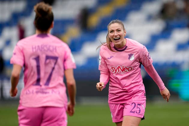 from left goal scorer Franziska Harsch TSG, 17 , Melissa Kössler TSG, 25 , players of TSG 1899 Hoffenheim, cheer about the goal to 3 0, jubilation, goal celebration, celebrate the goal, goal, celebration, cheers about the goal, rejoicing, joy, rejoices, optimistic, positive, game scene, highlight, action, action, 20 12 2025, Sinsheim Hoffenheim Germany , Football, Google Pixel Women Bundesliga, TSG 1899 Hoffenheim FC Carl Zeiss Jena, DFB DFL REGULATIONS PROHIBIT ANY USE OF PHOTOGRAPHS AS IMAGE SEQUENCES AND OR QUASI VIDEO xozx